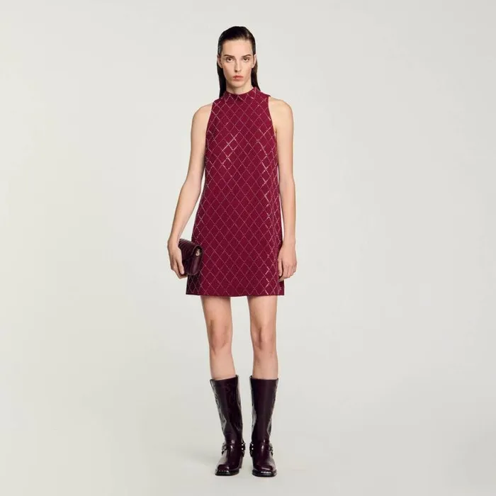 Women Dresses SANDRO Studded Diamond Short Dress Burgundy