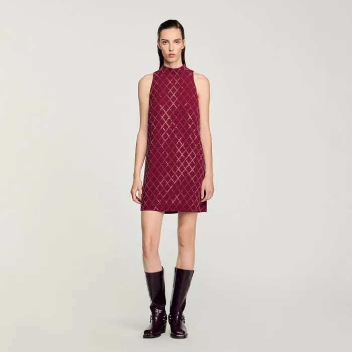 Women Dresses SANDRO Studded Diamond Short Dress Burgundy