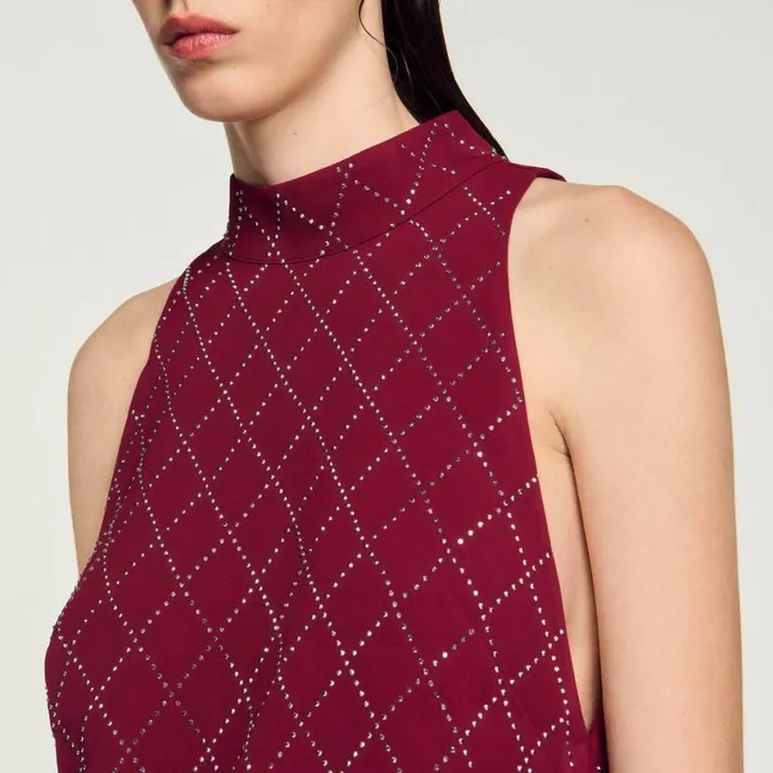Women Dresses SANDRO Studded Diamond Short Dress Burgundy