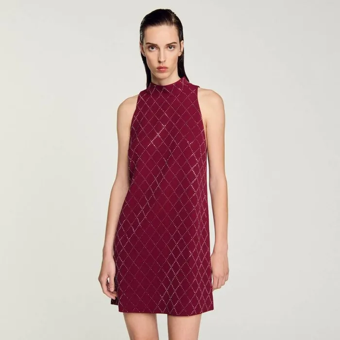 Women Dresses SANDRO Studded Diamond Short Dress Burgundy