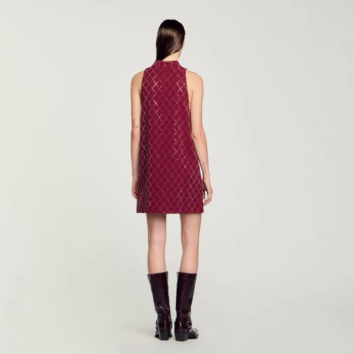 Women Dresses SANDRO Studded Diamond Short Dress Burgundy