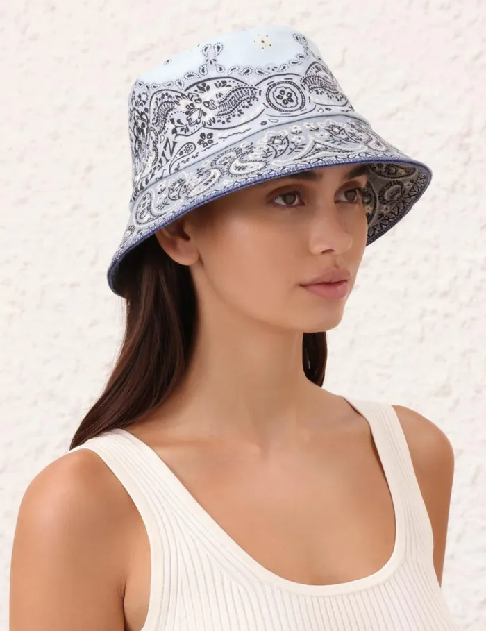 Women Hats Zimmermann Printed Canvas Bucket Hat Blue Bandana
