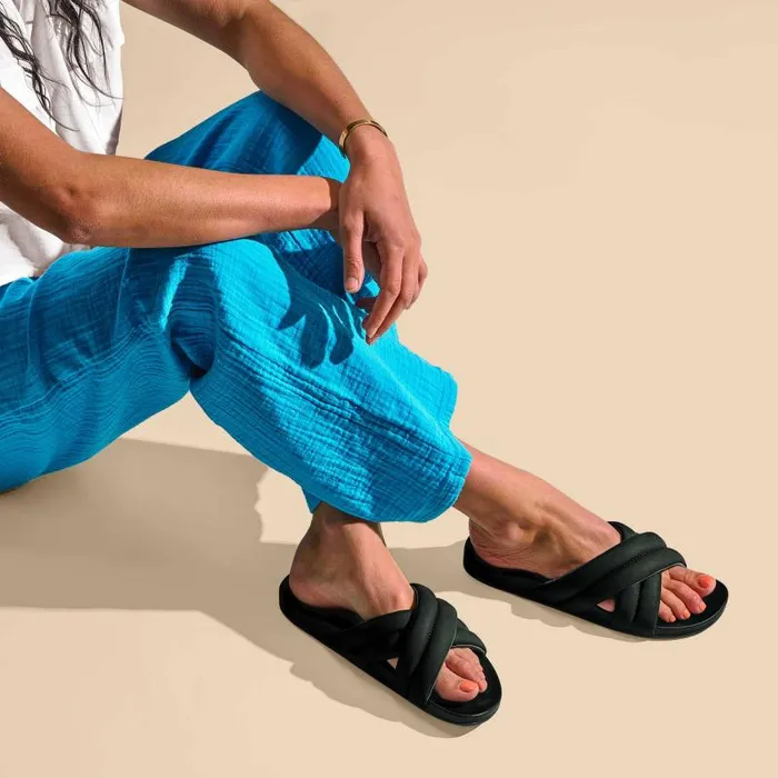 Women Hila Womens Puffy Slide Sandals Black Olukai WaterFriendly Women Hila Womens Puffy Slide Sandals Black Olukai WaterFriendly