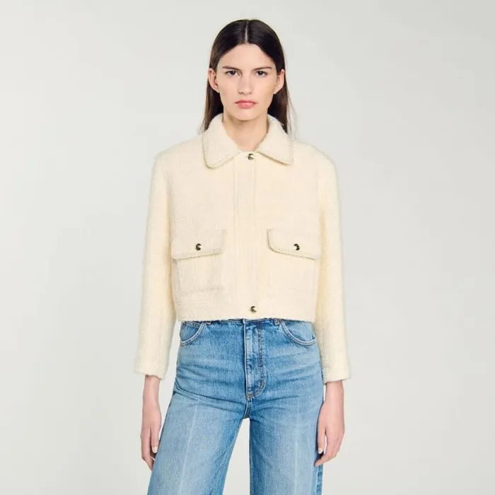 Women Jackets and Blazers SANDRO Cropped Tweed Jacket Ecru