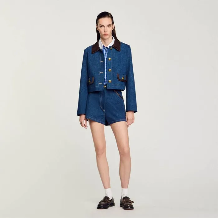 Women Jackets and Blazers SANDRO Denim Jacket With Leather Collar Blue