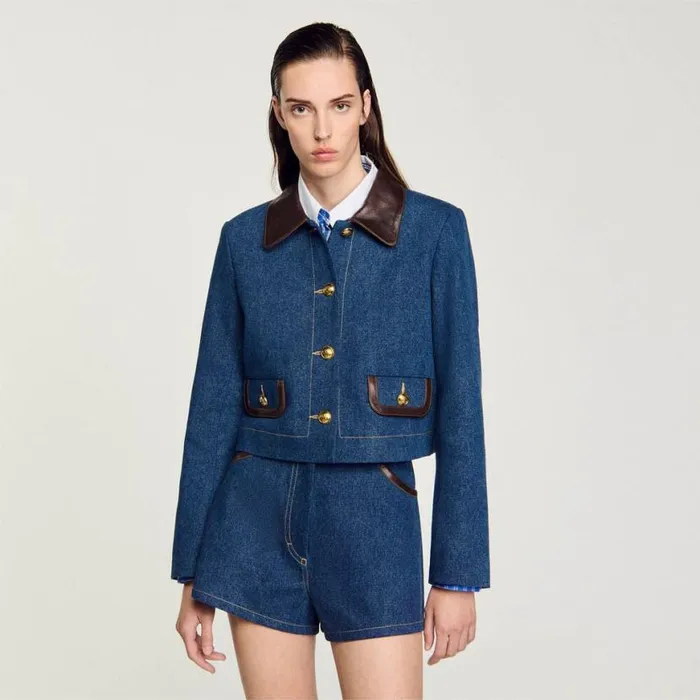 Women Jackets and Blazers SANDRO Denim Jacket With Leather Collar Blue