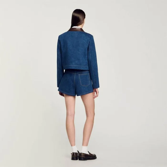 Women Jackets and Blazers SANDRO Denim Jacket With Leather Collar Blue