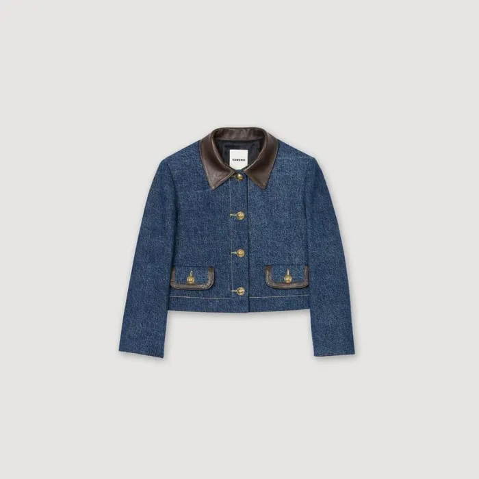Women Jackets and Blazers SANDRO Denim Jacket With Leather Collar Blue
