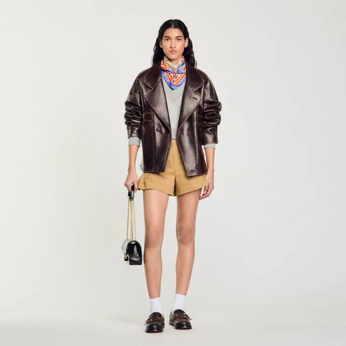 Women Jackets and Blazers SANDRO Oversized Leather Jacket Brown