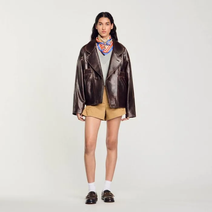 Women Jackets and Blazers SANDRO Oversized Leather Jacket Brown