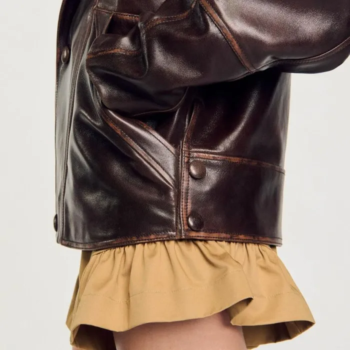 Women Jackets and Blazers SANDRO Oversized Leather Jacket Brown