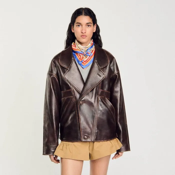 Women Jackets and Blazers SANDRO Oversized Leather Jacket Brown