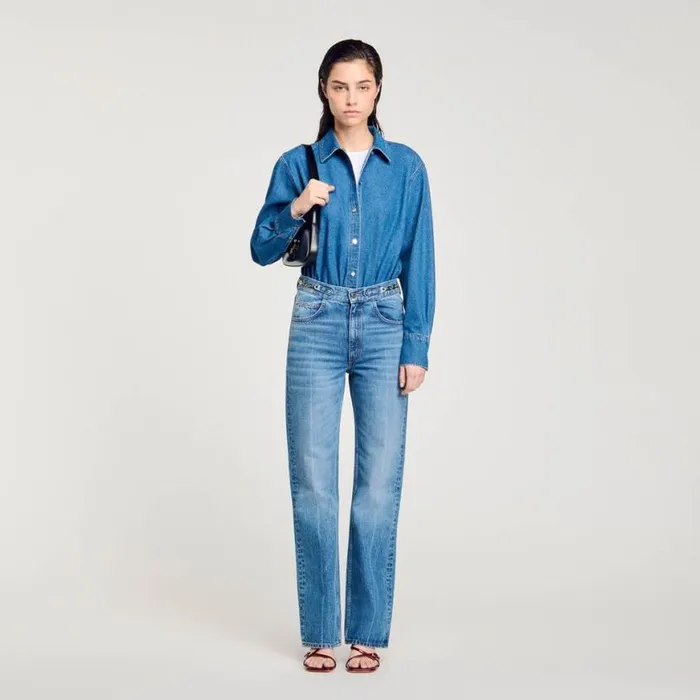 Women Jumpsuits SANDRO Denim Shirt Bodysuit Blue Jean