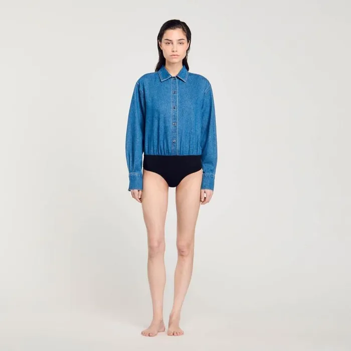 Women Jumpsuits SANDRO Denim Shirt Bodysuit Blue Jean