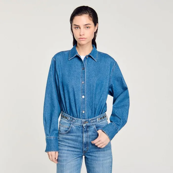 Women Jumpsuits SANDRO Denim Shirt Bodysuit Blue Jean