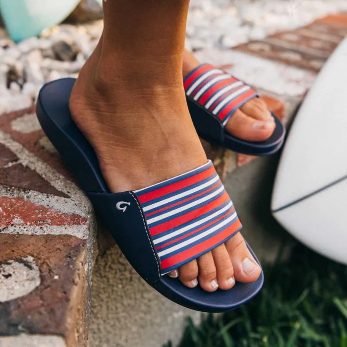 Women Kpuni Womens Slide Sandals Trench Blue Stripe Olukai WaterFriendly Women Kpuni Womens Slide Sandals Trench Blue Stripe Olukai WaterFriendly