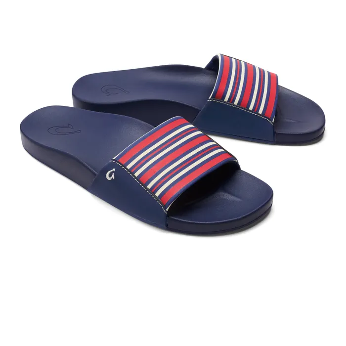 Women Kpuni Womens Slide Sandals Trench Blue Stripe Olukai WaterFriendly Women Kpuni Womens Slide Sandals Trench Blue Stripe Olukai WaterFriendly