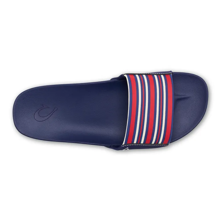 Women Kpuni Womens Slide Sandals Trench Blue Stripe Olukai WaterFriendly Women Kpuni Womens Slide Sandals Trench Blue Stripe Olukai WaterFriendly