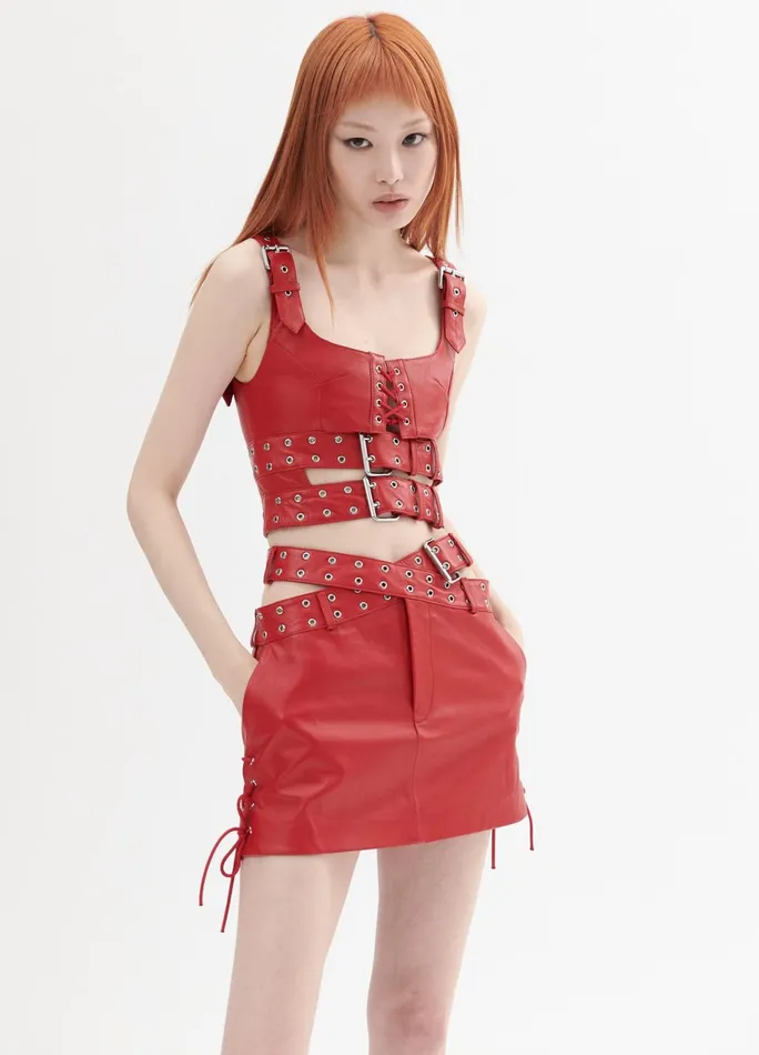 Women Leather Criss Cross Mini Skirt MONSE Bottoms