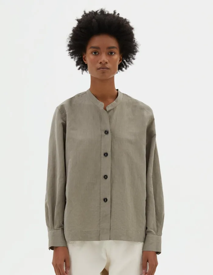 Women Mhl Button Through Collarless Shirt Faded Khaki Margaret Howell Shirts