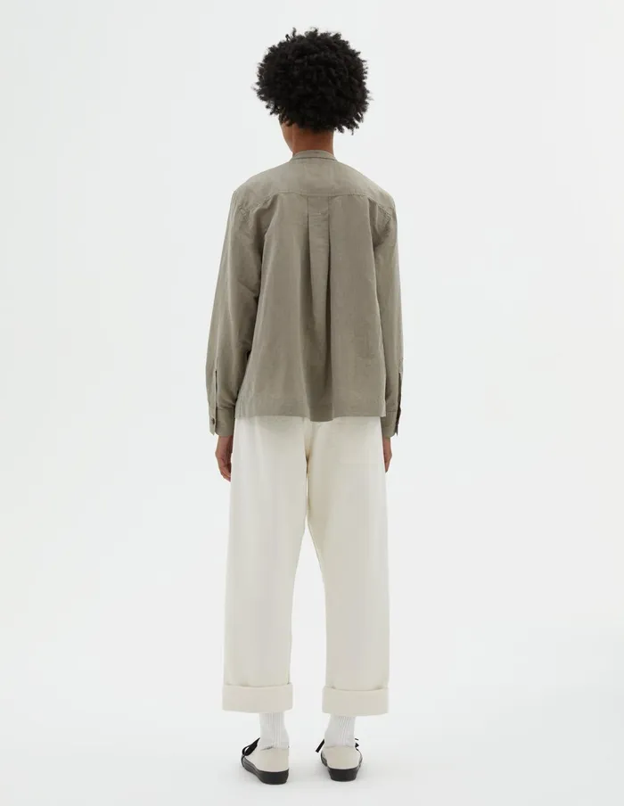 Women Mhl Button Through Collarless Shirt Faded Khaki Margaret Howell Shirts