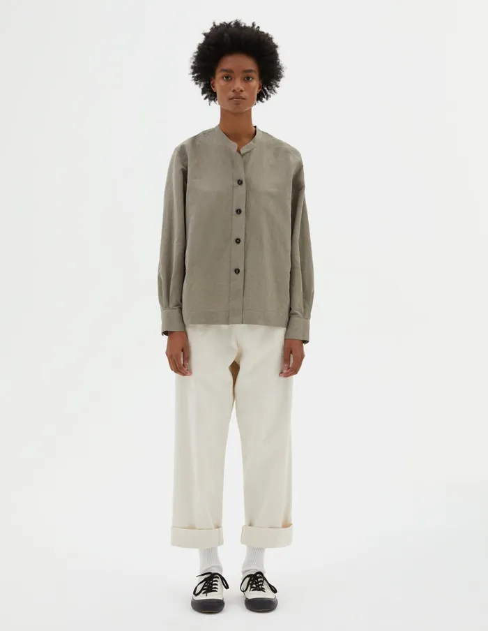 Women Mhl Button Through Collarless Shirt Faded Khaki Margaret Howell Shirts