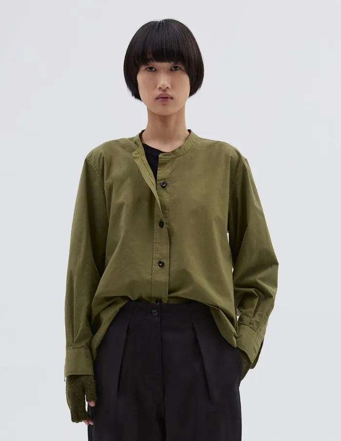 Women Mhl Button Through Collarless Shirt Olive Green Margaret Howell Shirts
