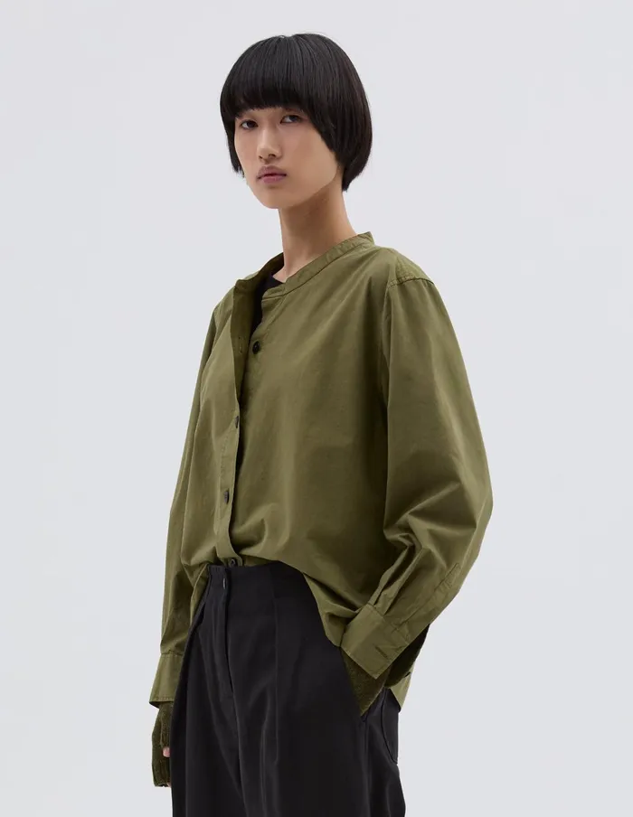 Women Mhl Button Through Collarless Shirt Olive Green Margaret Howell Shirts