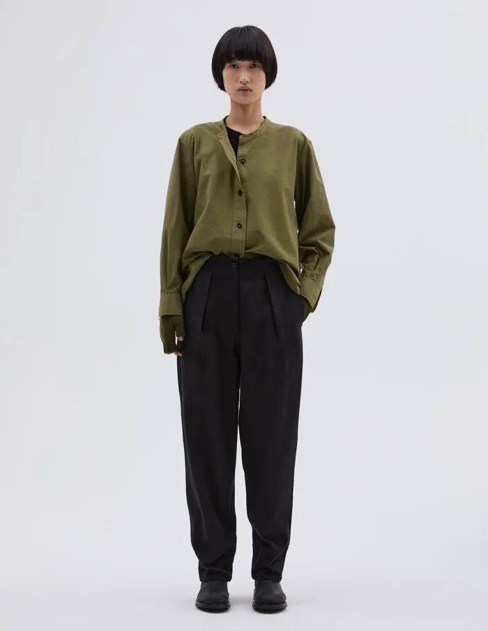 Women Mhl Button Through Collarless Shirt Olive Green Margaret Howell Shirts