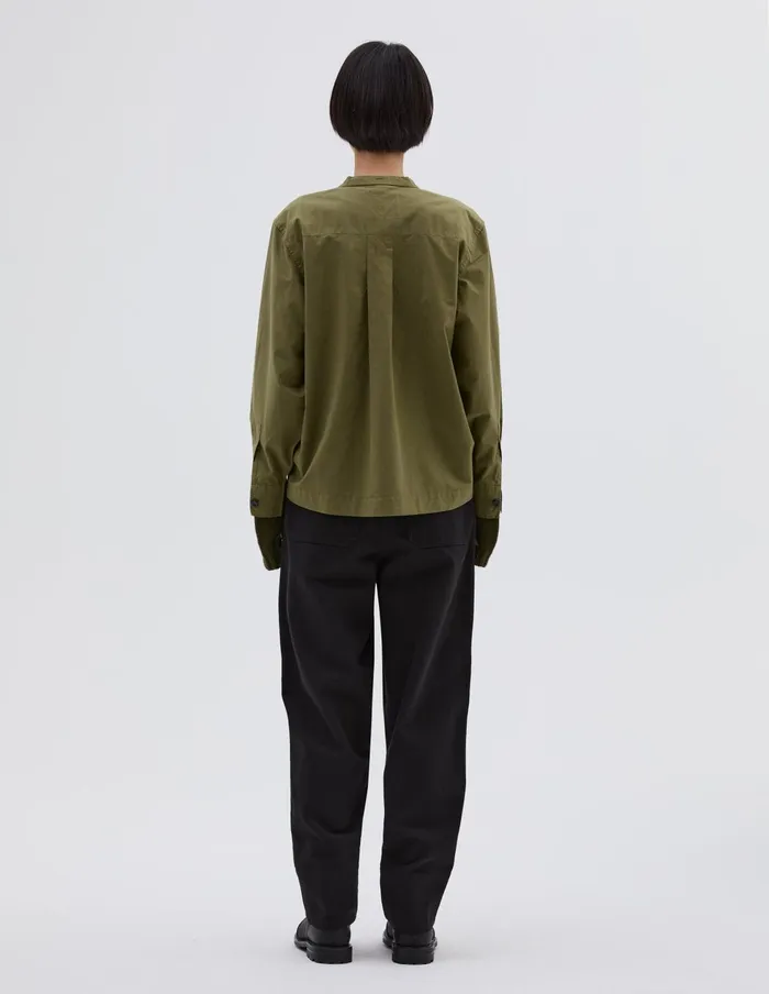 Women Mhl Button Through Collarless Shirt Olive Green Margaret Howell Shirts