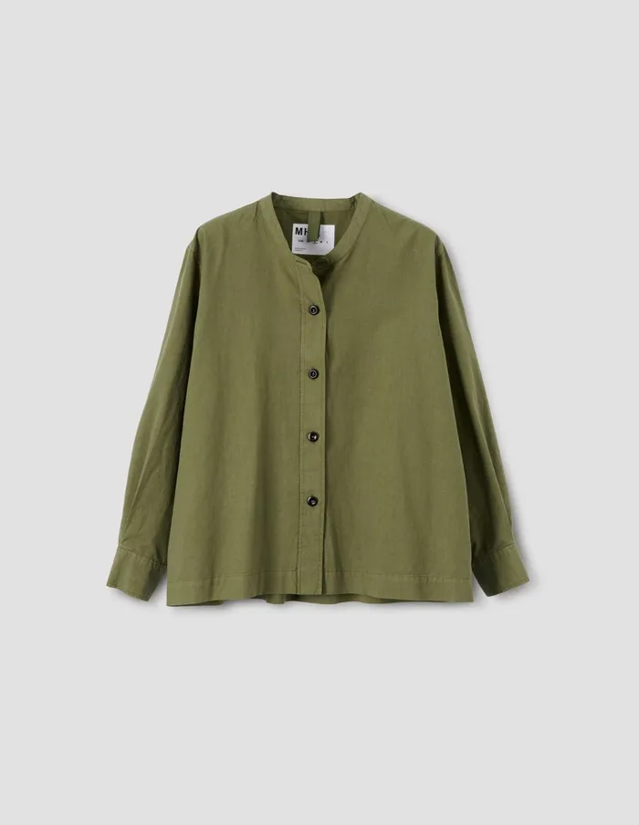 Women Mhl Button Through Collarless Shirt Olive Green Margaret Howell Shirts