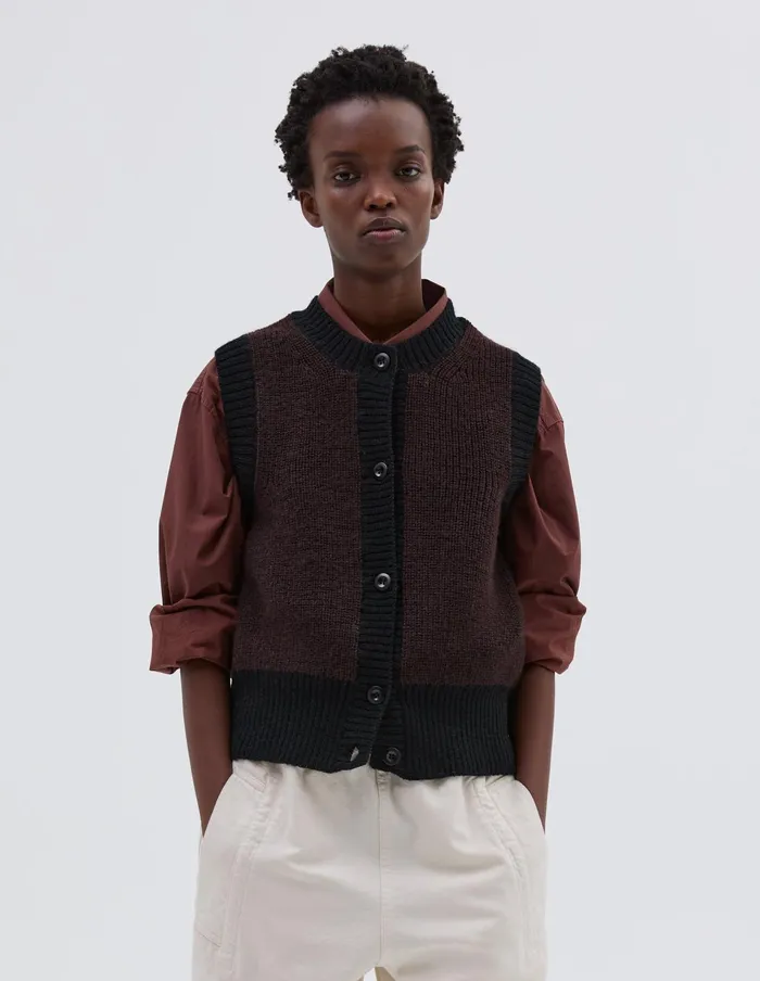 Women Mhl Contrast Trim Waistcoat Chocolate Black Margaret Howell Knitwear