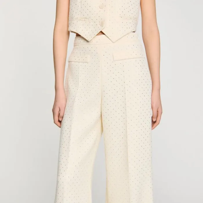 Women Pants and Shorts SANDRO Tweed Rhinestonecovered Trousers Ecru