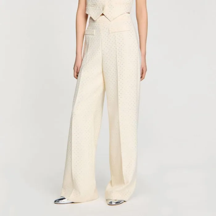 Women Pants and Shorts SANDRO Tweed Rhinestonecovered Trousers Ecru