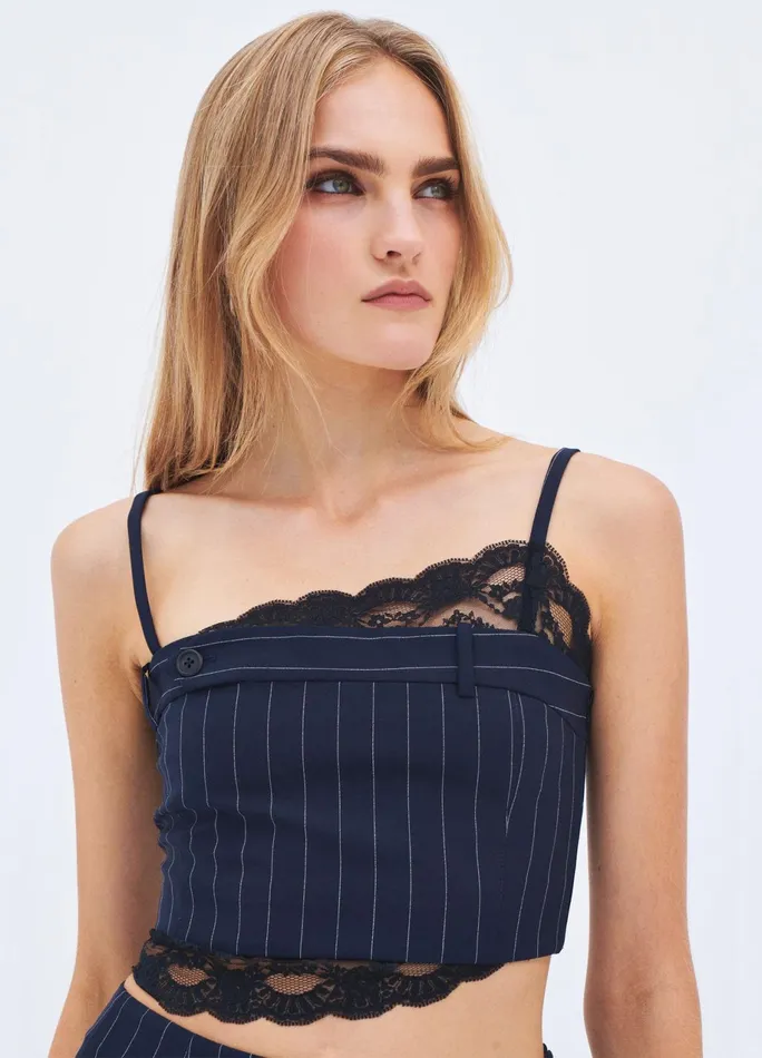 Women Pinstripe Lace Trim Crop Top MONSE Tops