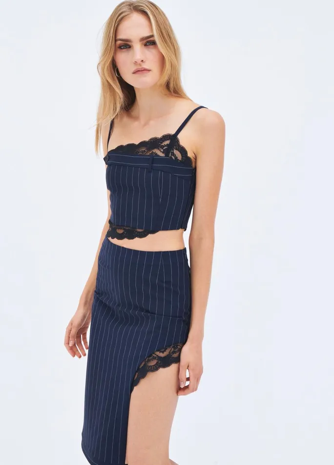 Women Pinstripe Lace Trim Crop Top MONSE Tops