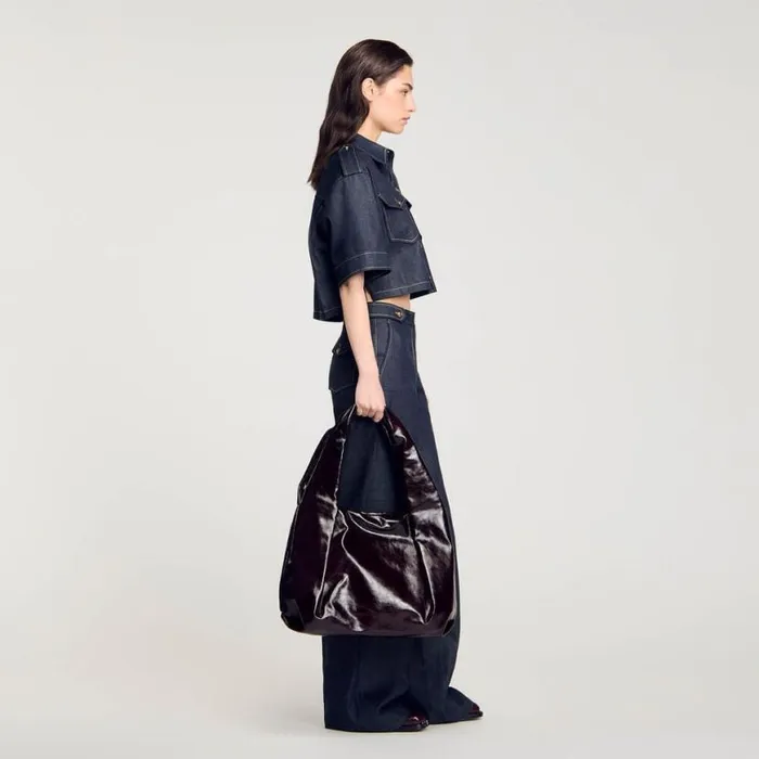 Women Shoulder Bags SANDRO Large Shiny Leather Bag Burgundy