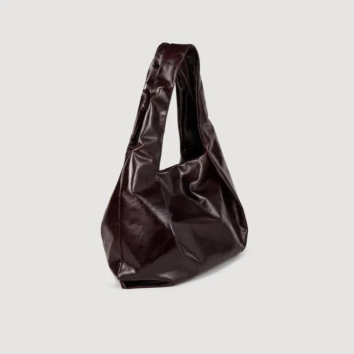 Women Shoulder Bags SANDRO Large Shiny Leather Bag Burgundy