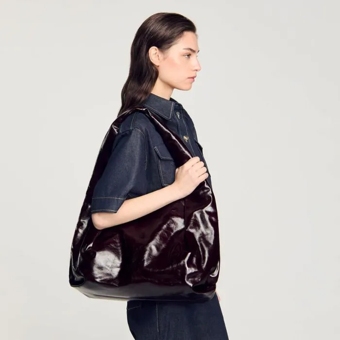 Women Shoulder Bags SANDRO Large Shiny Leather Bag Burgundy