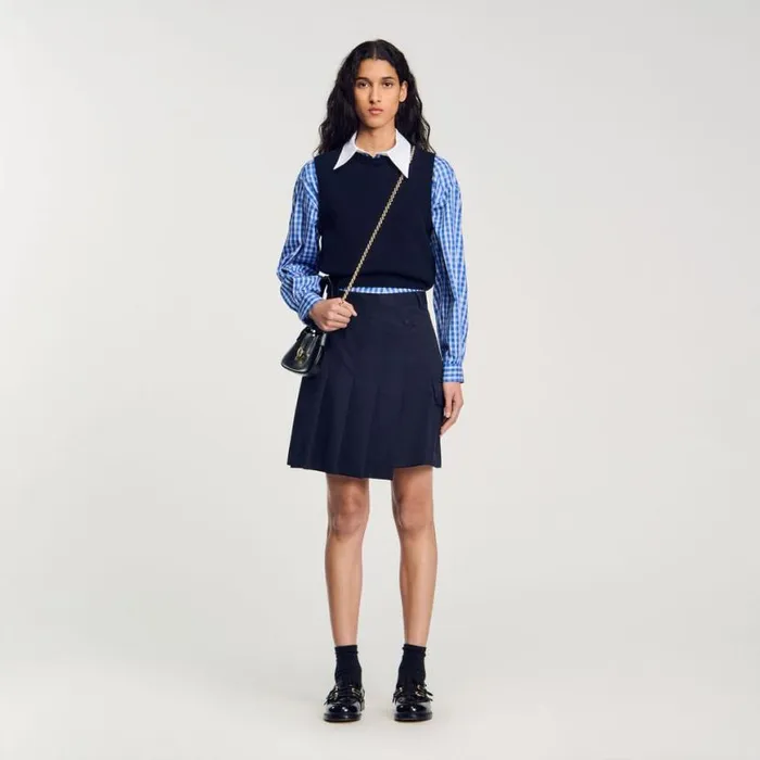 Women Skirts SANDRO Short Asymmetrical Pleated Skirt Navy Blue