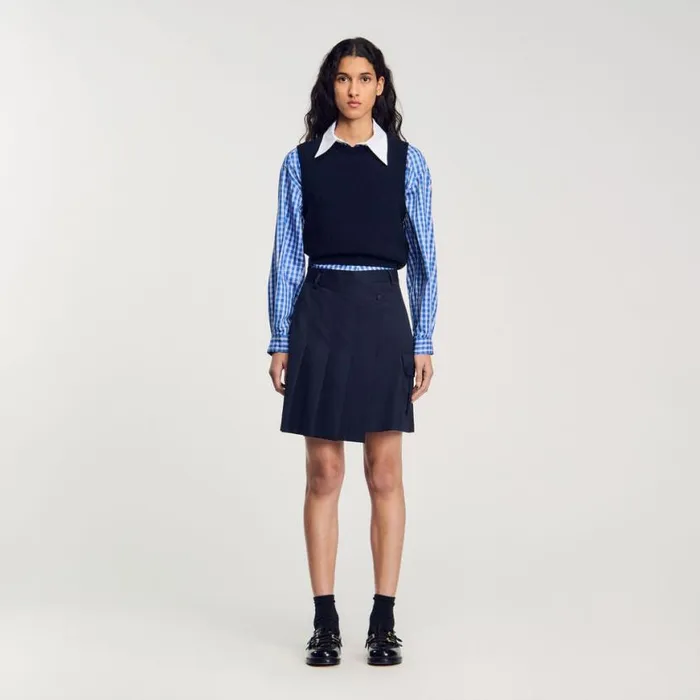 Women Skirts SANDRO Short Asymmetrical Pleated Skirt Navy Blue