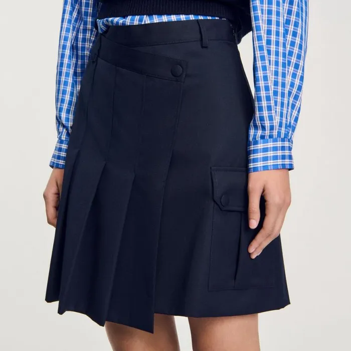 Women Skirts SANDRO Short Asymmetrical Pleated Skirt Navy Blue