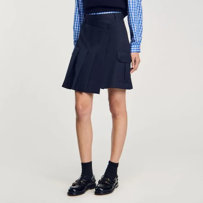 Women Skirts SANDRO Short Asymmetrical Pleated Skirt Navy Blue