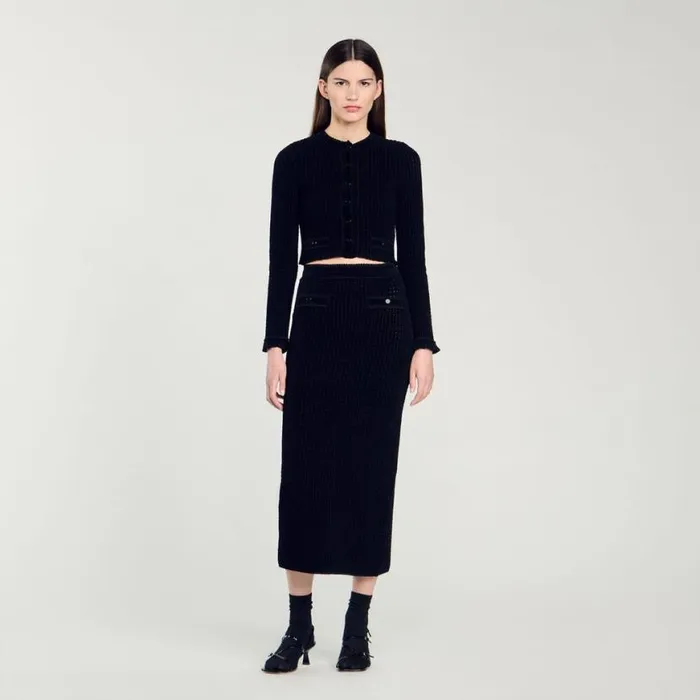 Women Skirts SANDRO Velvet Knit Midi Skirt Black