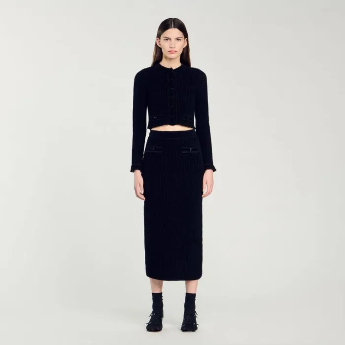 Women Skirts SANDRO Velvet Knit Midi Skirt Black