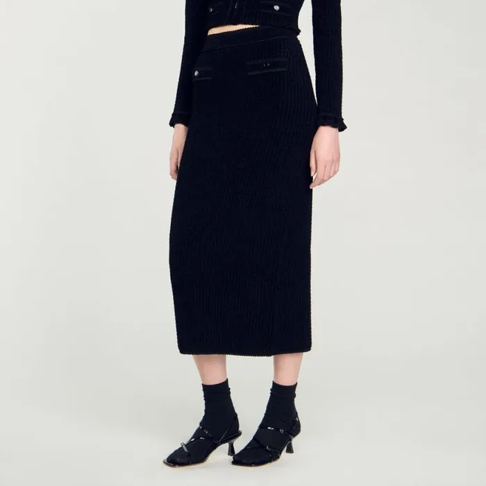 Women Skirts SANDRO Velvet Knit Midi Skirt Black