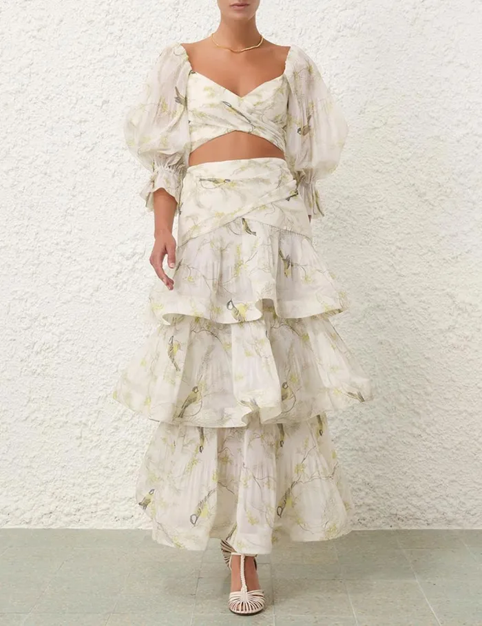 Women Skirts Zimmermann Pleated Tiered Skirt Acacia Birds