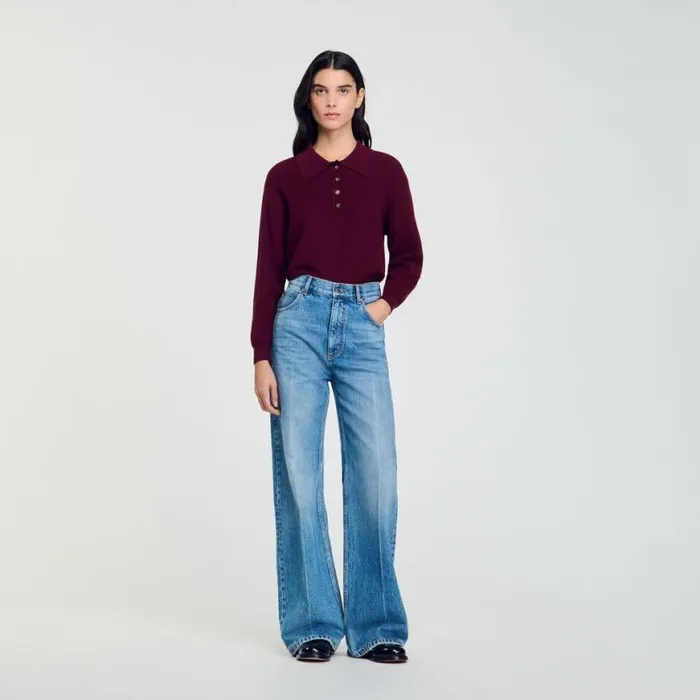 Women Sweaters and Cardigans SANDRO Cable Knit PoloNeck Sweater Burgundy