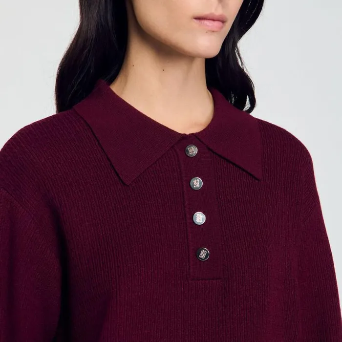 Women Sweaters and Cardigans SANDRO Cable Knit PoloNeck Sweater Burgundy