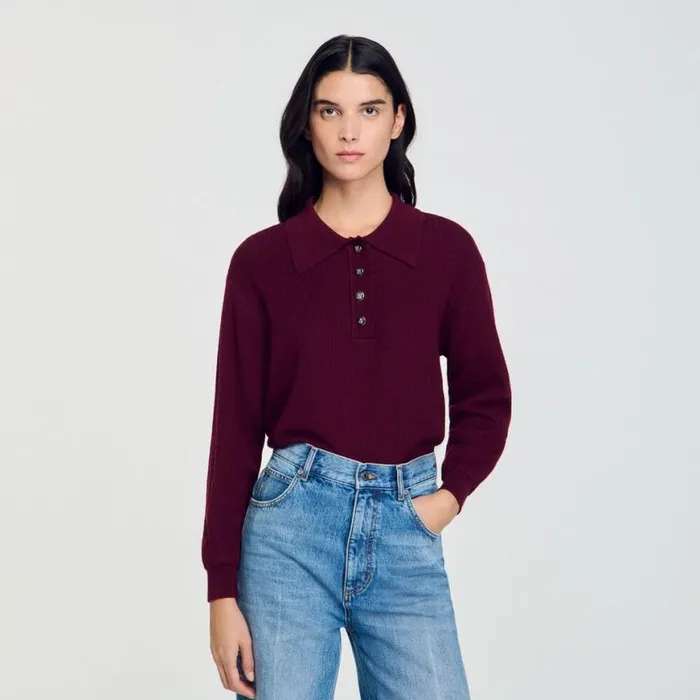 Women Sweaters and Cardigans SANDRO Cable Knit PoloNeck Sweater Burgundy